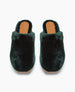 Dark green, plush, slip-on slippers with a soft, fuzzy texture, rounded toe, and a tan sole featuring a logo imprint. 6