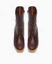 Brown leather ankle boots with a smooth texture, featuring a round toe, side zippers, and a light wooden platform sole. 6