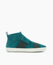 A teal high-top sneaker with a smooth suede texture, featuring wide black elastic bands across the upper, a pull tab at the heel, and a contrasting white rubber sole. 4