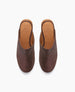 Brown slip-on shoes with a smooth leather upper, open back, rounded toe, and a tan leather insole featuring a logo imprint. 7