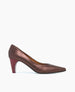 A sleek, pointed-toe high heel shoe with a metallic brown upper and a contrasting red block heel. 3