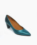 A teal, pointed-toe pump with a mid-height block heel, featuring a smooth, glossy finish and a tan interior lining. 3
