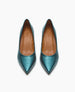 A pair of metallic teal, pointed-toe high heels with a smooth, glossy finish and tan leather insoles. 4