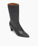 A sleek, black, mid-calf leather boot with a pointed toe, a side zipper, a smooth texture, and an angled heel. 4