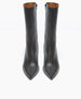 A pair of sleek, black, pointed-toe ankle boots with a smooth leather finish, side zippers, and a mid-calf height. 5