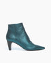 A sleek, metallic teal ankle boot with a pointed toe and a mid-height heel. 1