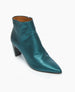 A teal, metallic ankle boot with a pointed toe and a angled heel. 6