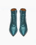 A pair of metallic teal, pointed-toe ankle boots with side zippers, displayed against a white background. 8