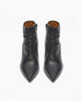 Sleek black leather ankle boots with a pointed toe, side zipper, and a smooth, polished finish. 9