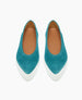 Teal suede ballet flats with a rounded toe, white rubber sole, tan leather interior, and a minimalist design. 5