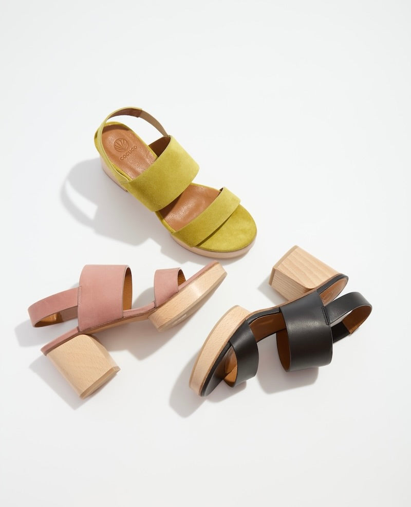 The Rocco Clog Sandal in Certosa, Seep Rose, and Black