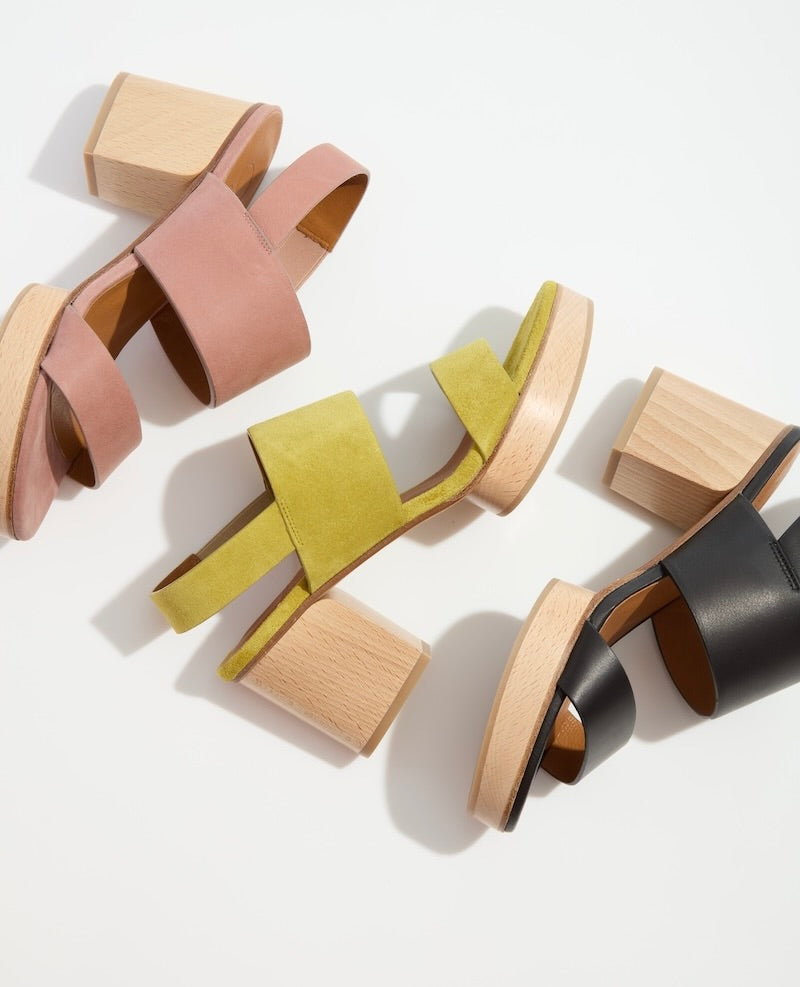 The Rocco Clog Sandal from the side in deep rose, certosa, and black
