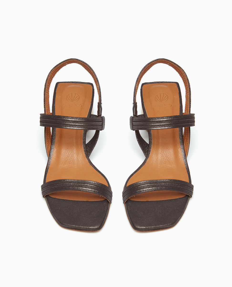 Front view of the Sterling Heel in Anthracite Shimmer Suede with parallel straps. 