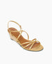 A tan wedge sandal featuring thin, crisscrossing leather straps, an adjustable ankle strap, a smooth wooden wedge heel, and a lightly textured sole. 5