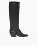 A sleek, black, knee-high leather boot with a smooth texture, a slightly squared toe, and a low, angled block heel. 4