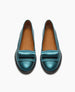 A pair of teal, metallic leather loafers with a smooth texture, featuring an architectural loop detail  on the front, a rounded toe, and a black rubber sole. 4