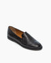 A sleek black leather loafer with a textured finish, smooth rounded toe, low heel, and tan interior lining. 2