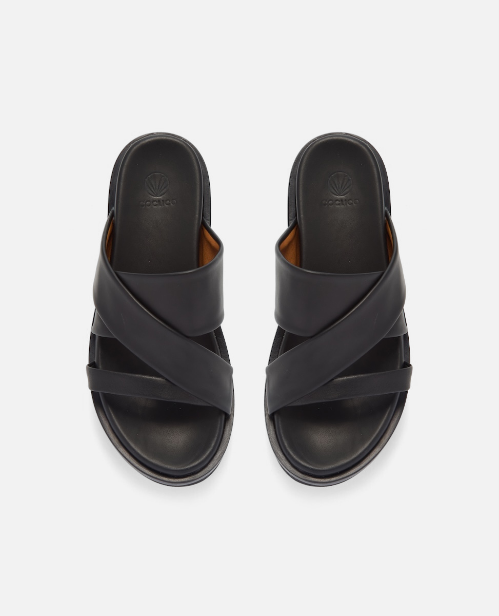Top view of a black leather footbed sandal with wide folded straps and a sleek cushioned platform sole