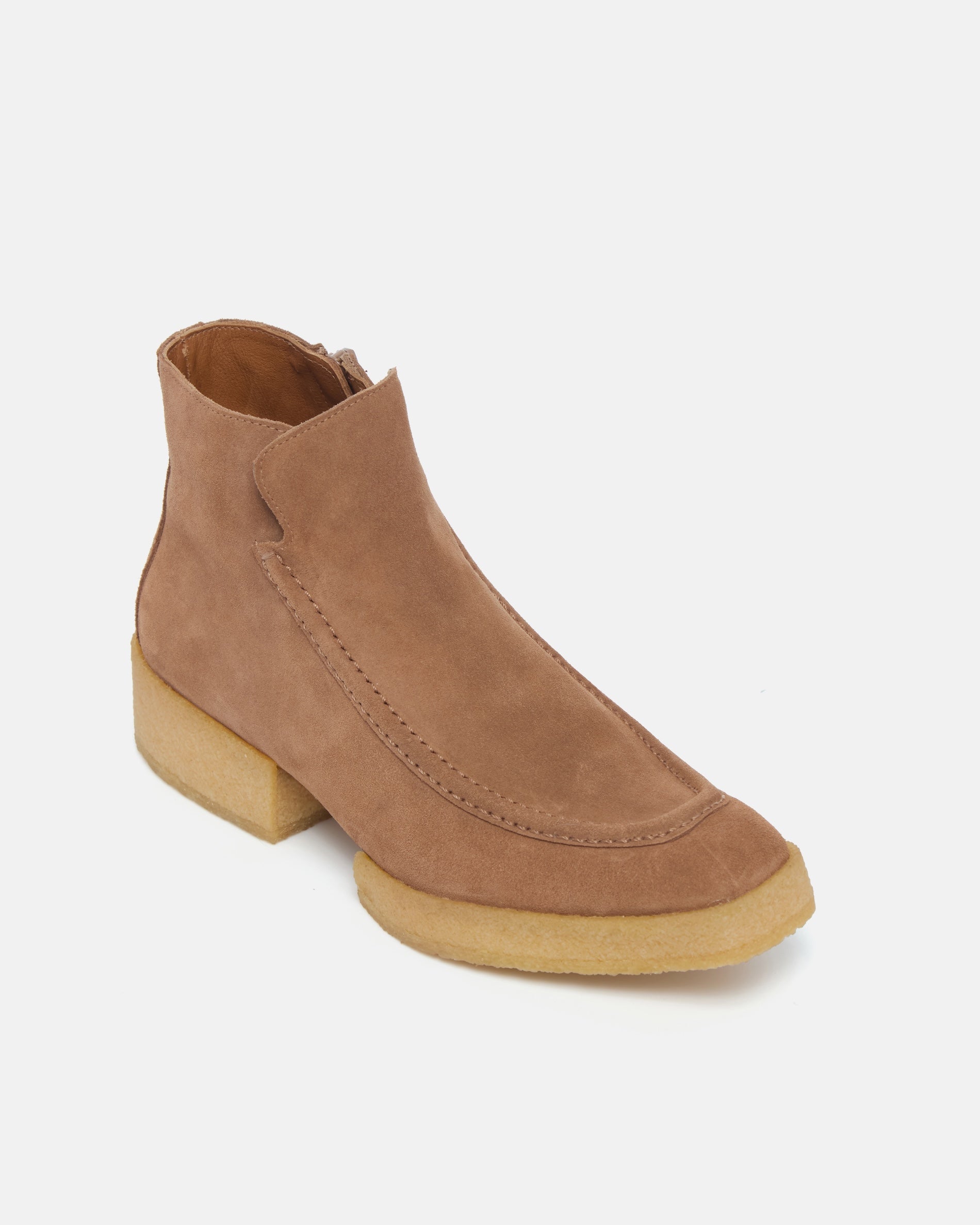 Coclico Boudica Boot in Dust split suede, angled view of the moc toe and front zip
