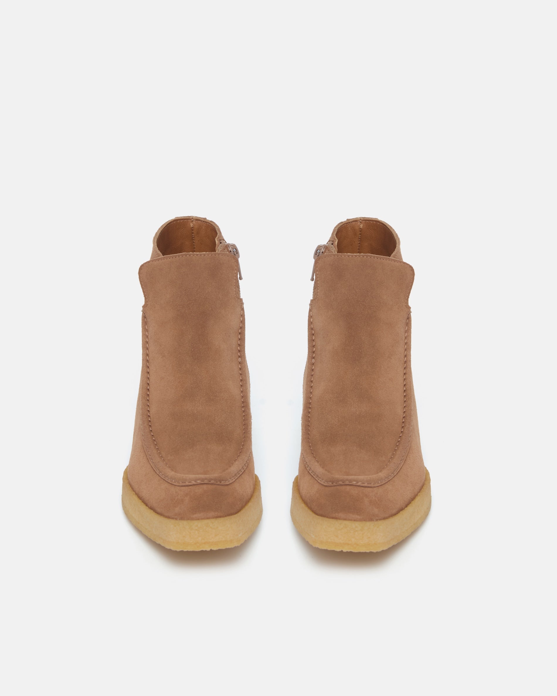 Pair of Coclico Boudica Boots in Dust split suede, front view of crepe sole ankle boots