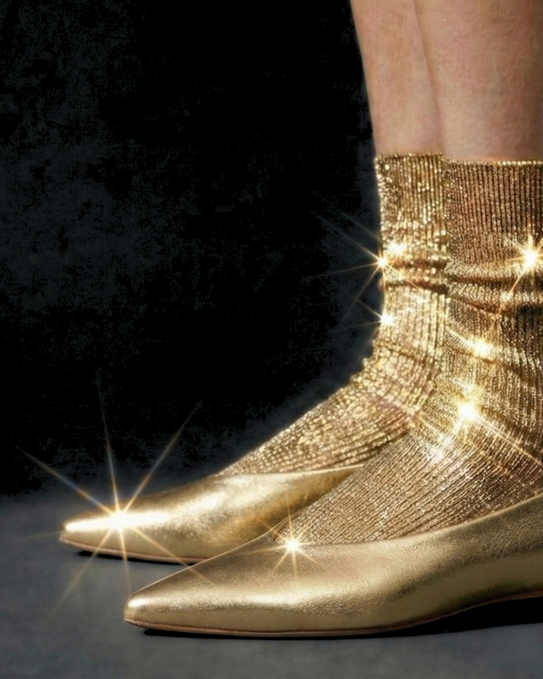 Gold pointed toe ballet flats  by Coclico worn with gold metallic socks by Mara La Rosa