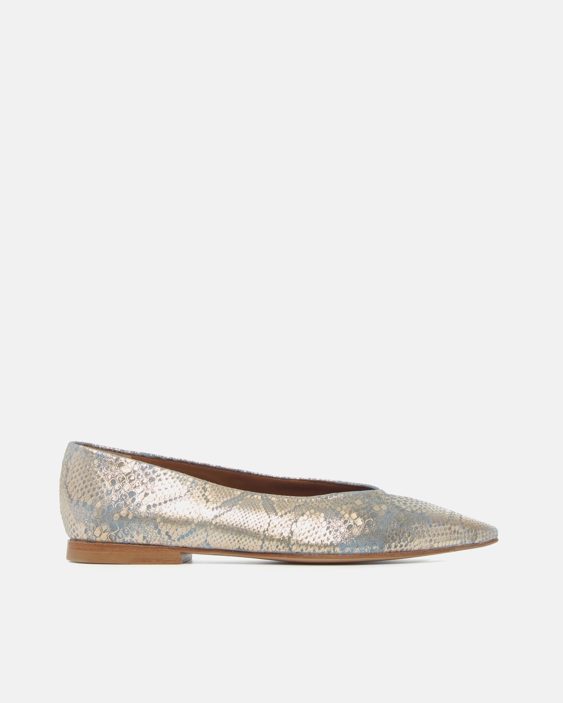 Side view of a blue and gold metallic python print leather pointed-toe flat with clean lines and a flexible leather sole, on a white background.