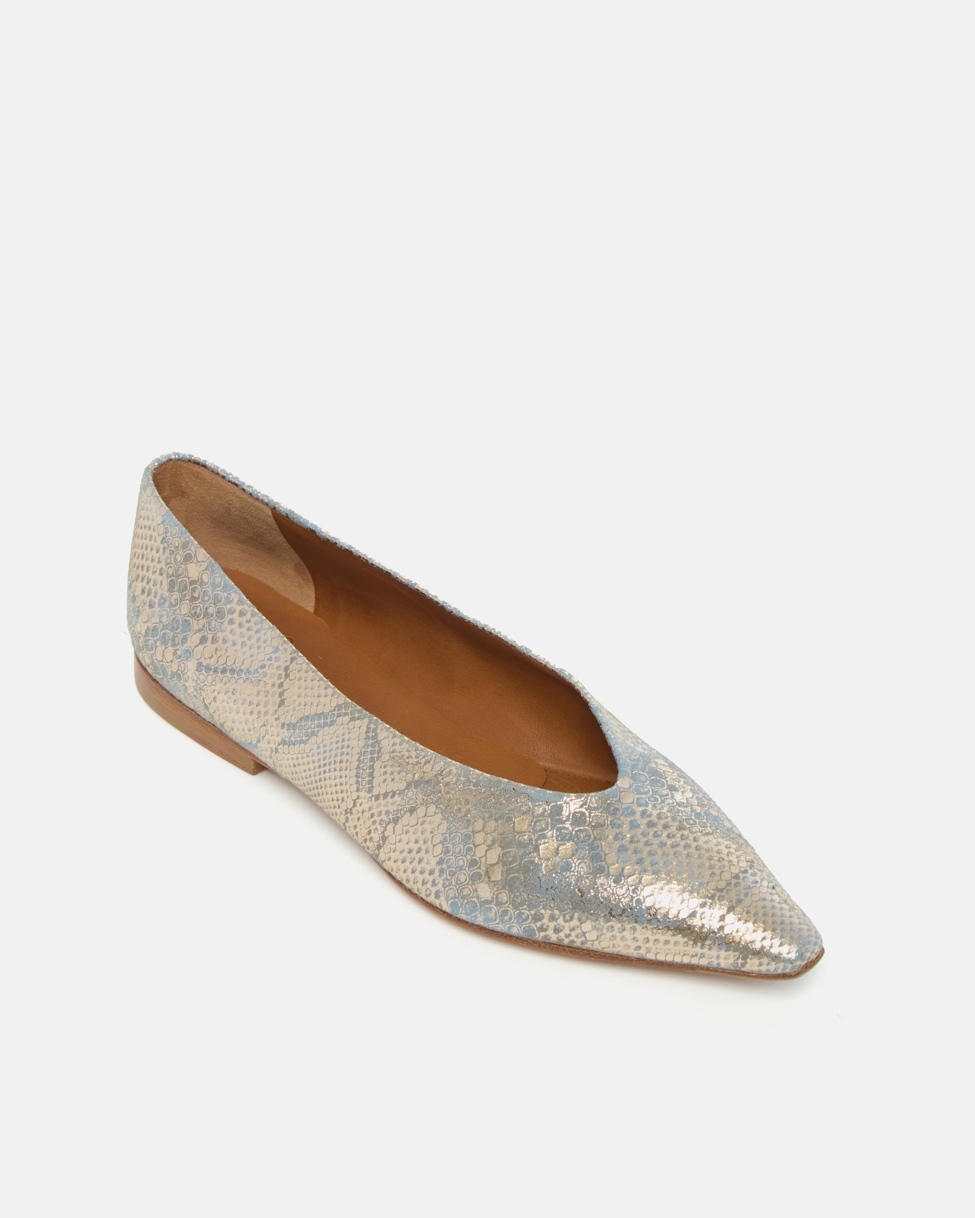 Angled view of a blue and gold metallic python print leather pointed-toe flat with clean lines and a flexible leather sole, on a white background.
