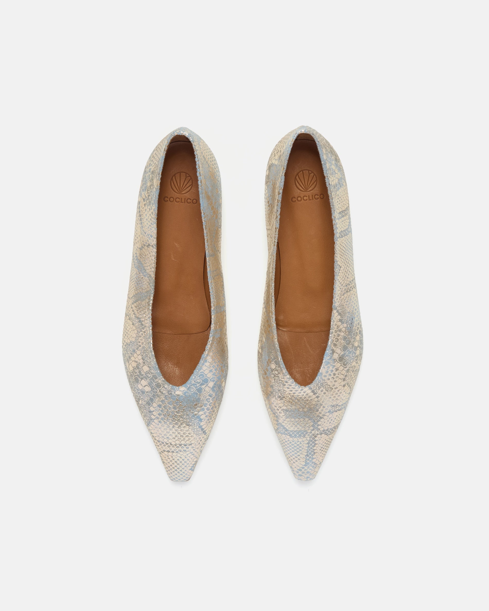Top view of a blue and gold metallic python print leather pointed-toe flat with clean lines and a flexible leather sole, on a white background.