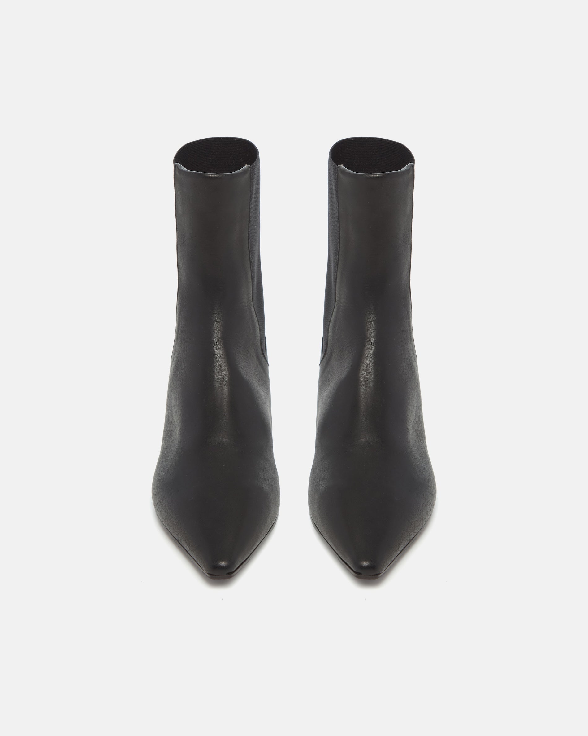 Pair of Coclico Cad Boots in black leather, front view of pointed toe ankle boots