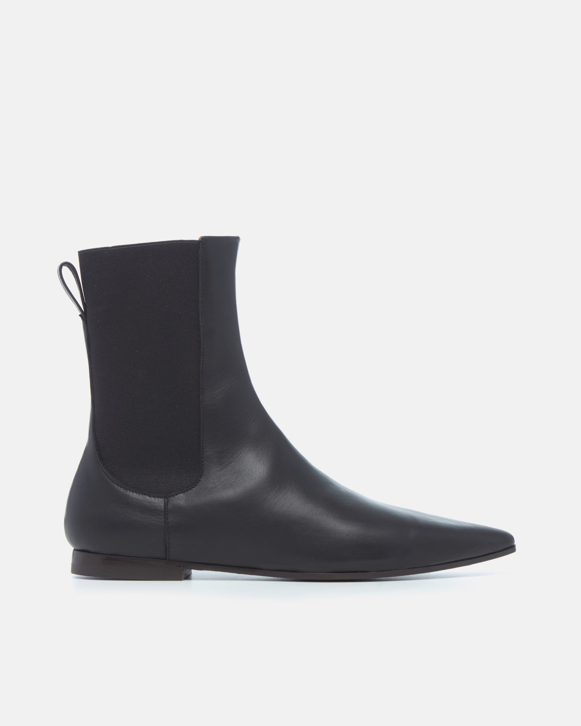 Coclico Cad Boot in black leather, side view of a flat pointed toe Chelsea ankle boot