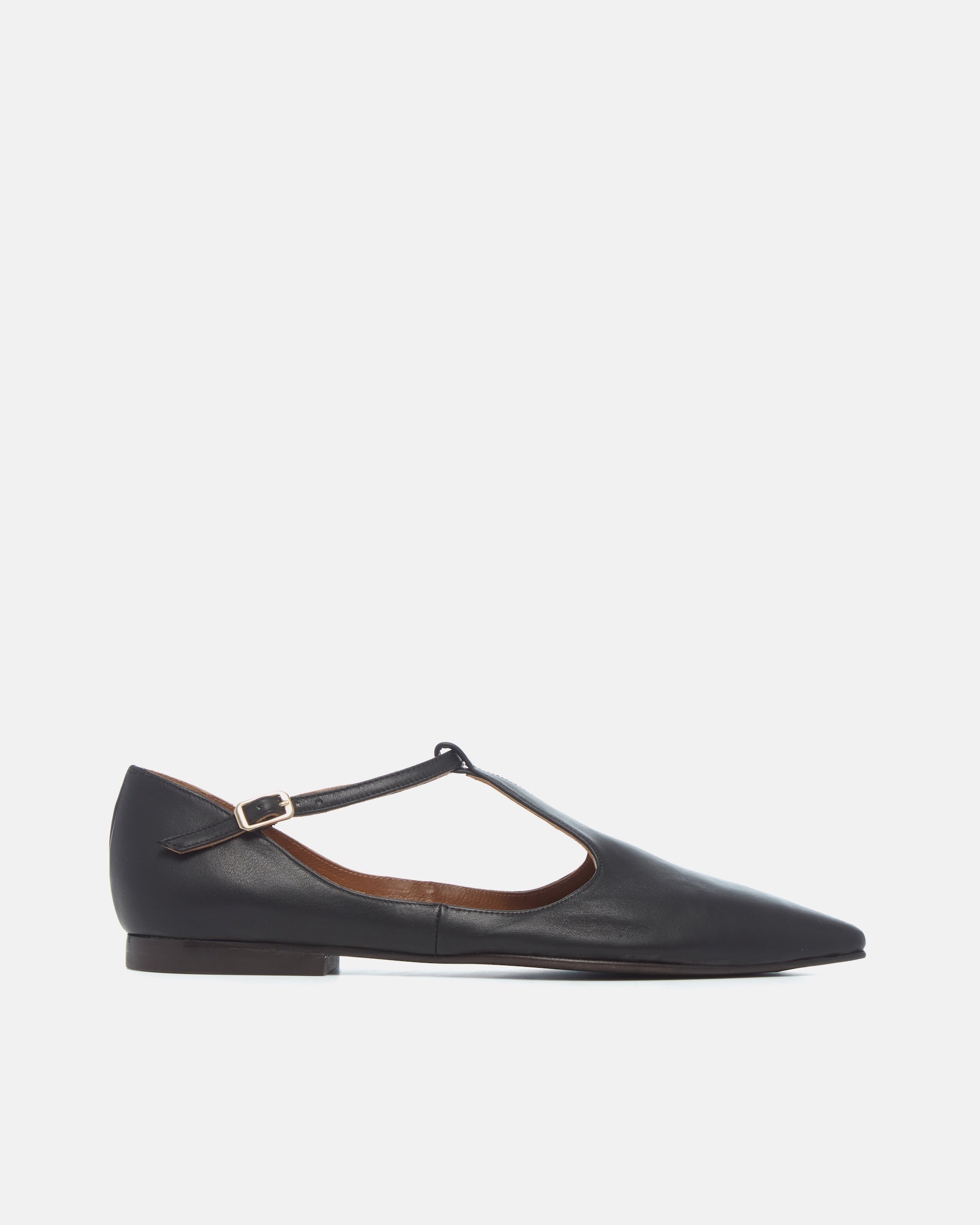 Coclico Celeste T-Strap Flat in black leather, side view of a T-strap flat