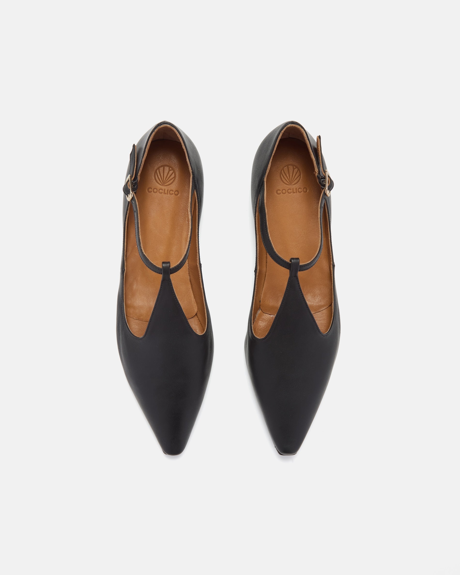 Pair of Coclico Celeste T-Strap Flats in black leather, top view