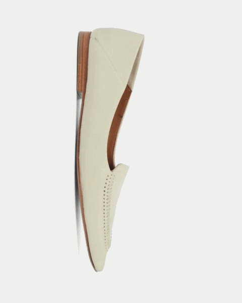 Animated gif of the Coclico Chance Loafer in Mozzarella, a white nubuck loafer with a collapsible heel counter so it can be worn as a babouche
