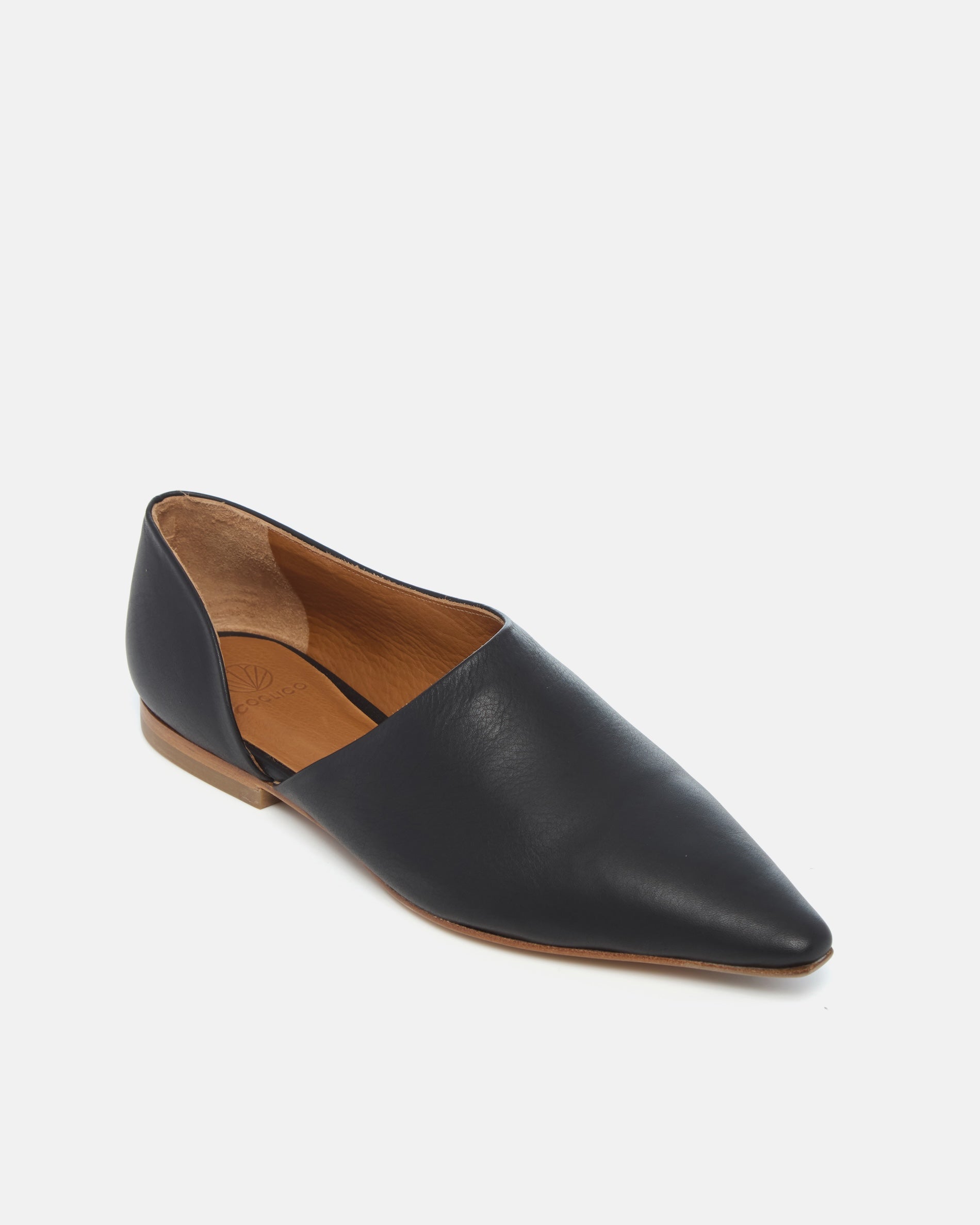 Coclico Coldplay Demi d'Orsay Flat in black leather, angled view of the demi d'Orsay cut