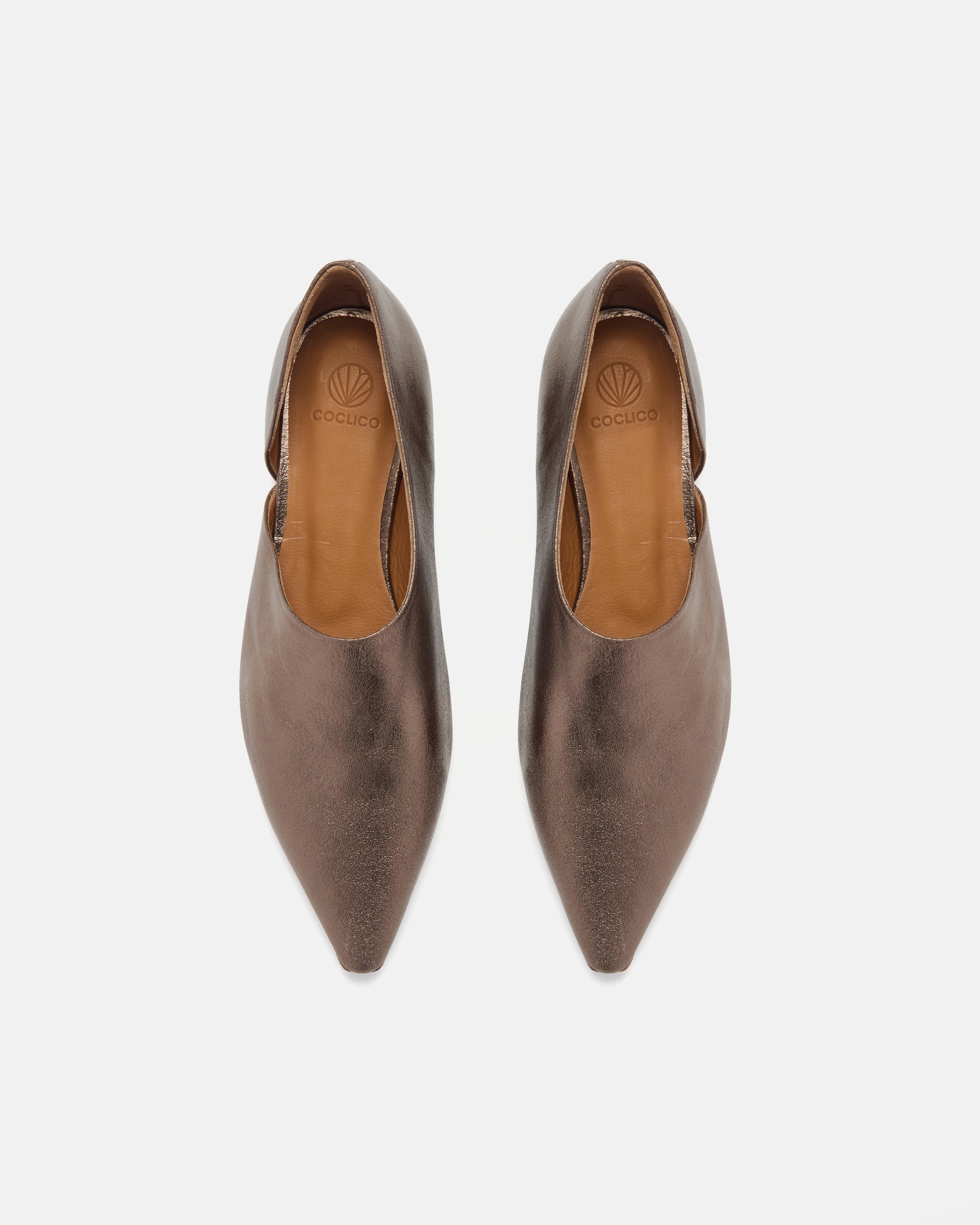 Pair of Coclico Coldplay Demi d'Orsay Flats in Bronze crinkled metallic leather, top view