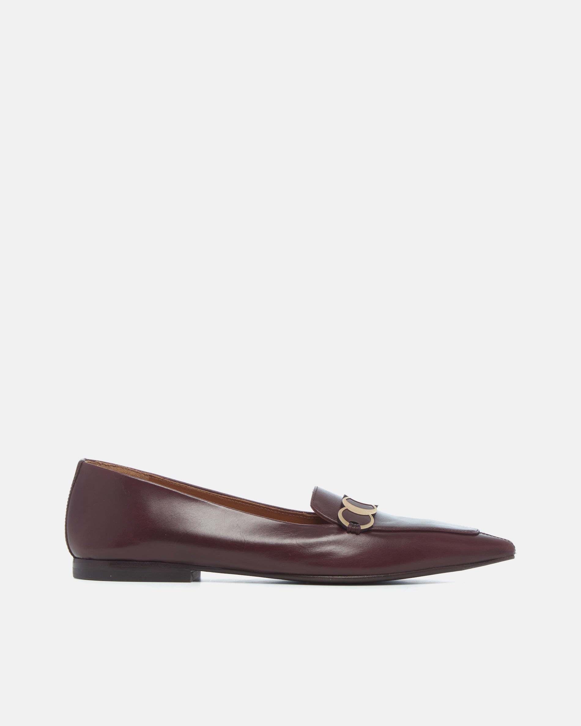 Coclico Curie Loafer in Oxblood leather, side view of a pointed toe loafer with gold coin hardware