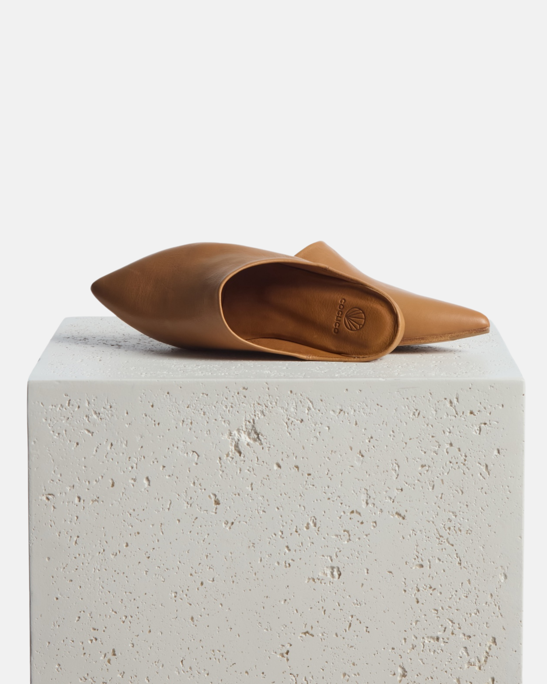 Mules on a plinth: light brown pointed-toe leather mule with a slight built-in wedge and clean minimalist silhouette on a white background