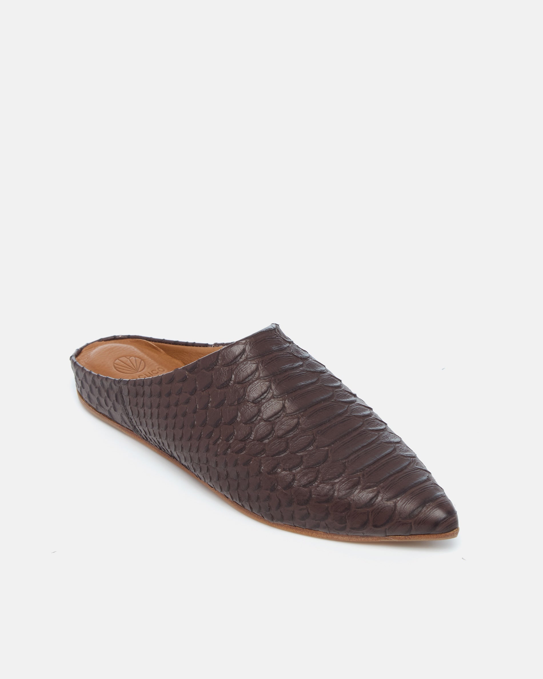 Coclico Danke Slide in brown snake embossed leather, angled view of the pointed toe mule