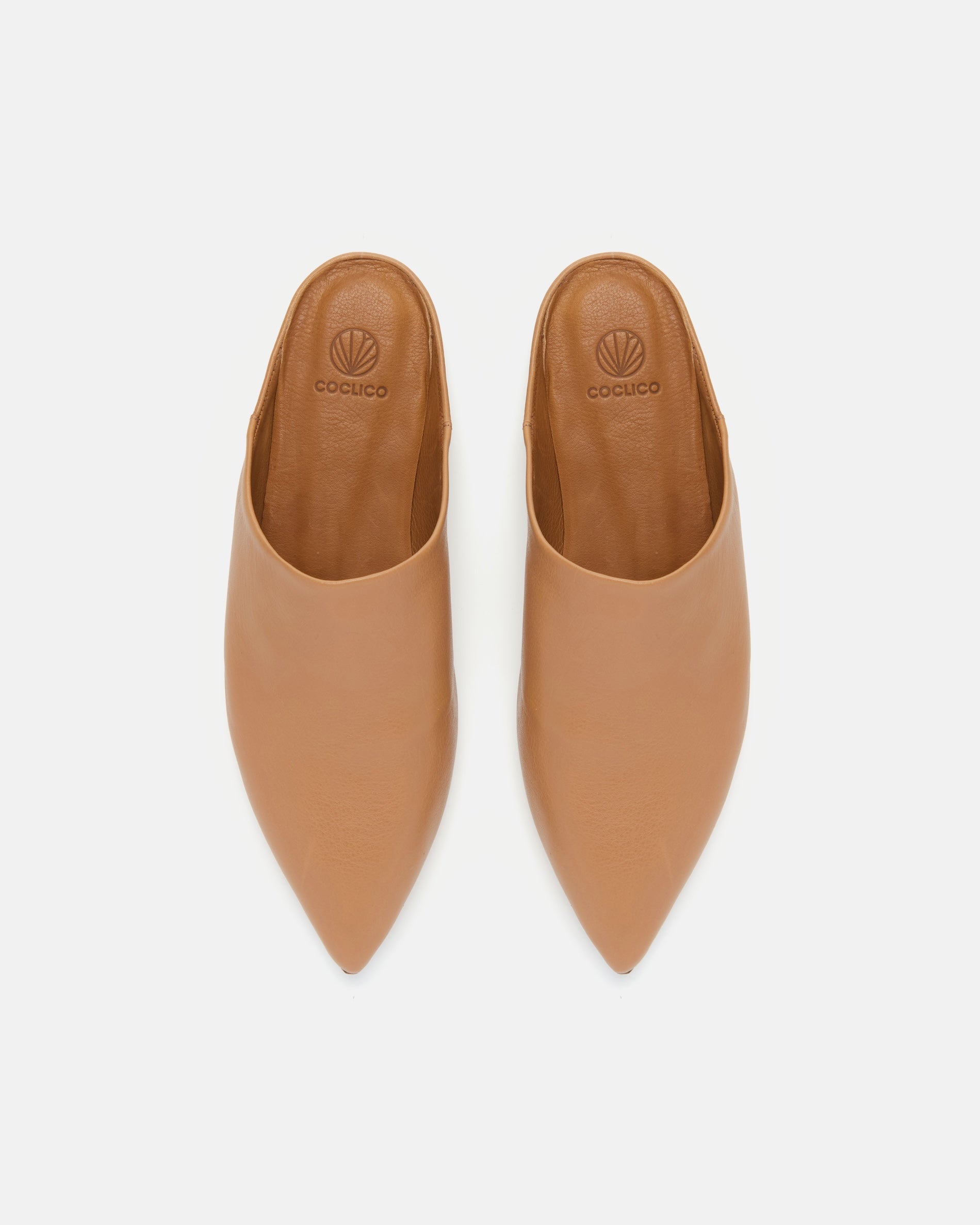 Top view of a light brown pointed-toe leather mule with a slight built-in wedge and clean minimalist silhouette on a white background