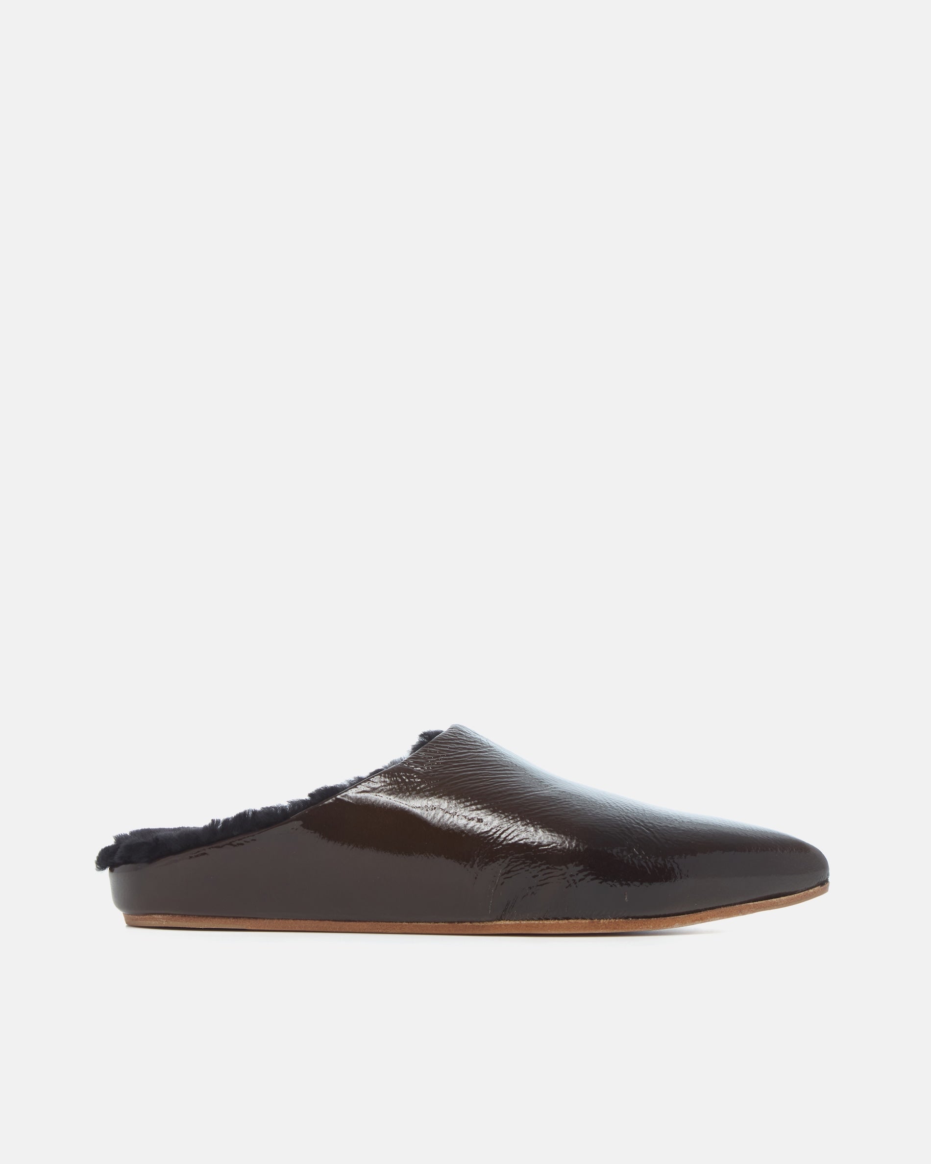 Coclico Dia Shearling Slide in Moule crinkled patent, side view of a pointed toe mule
