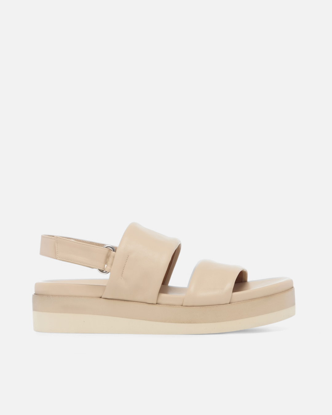 Side view of a off-white leather wedge sandal with wide tubular straps, velcro slingback, and a lightweight EVA platform sole