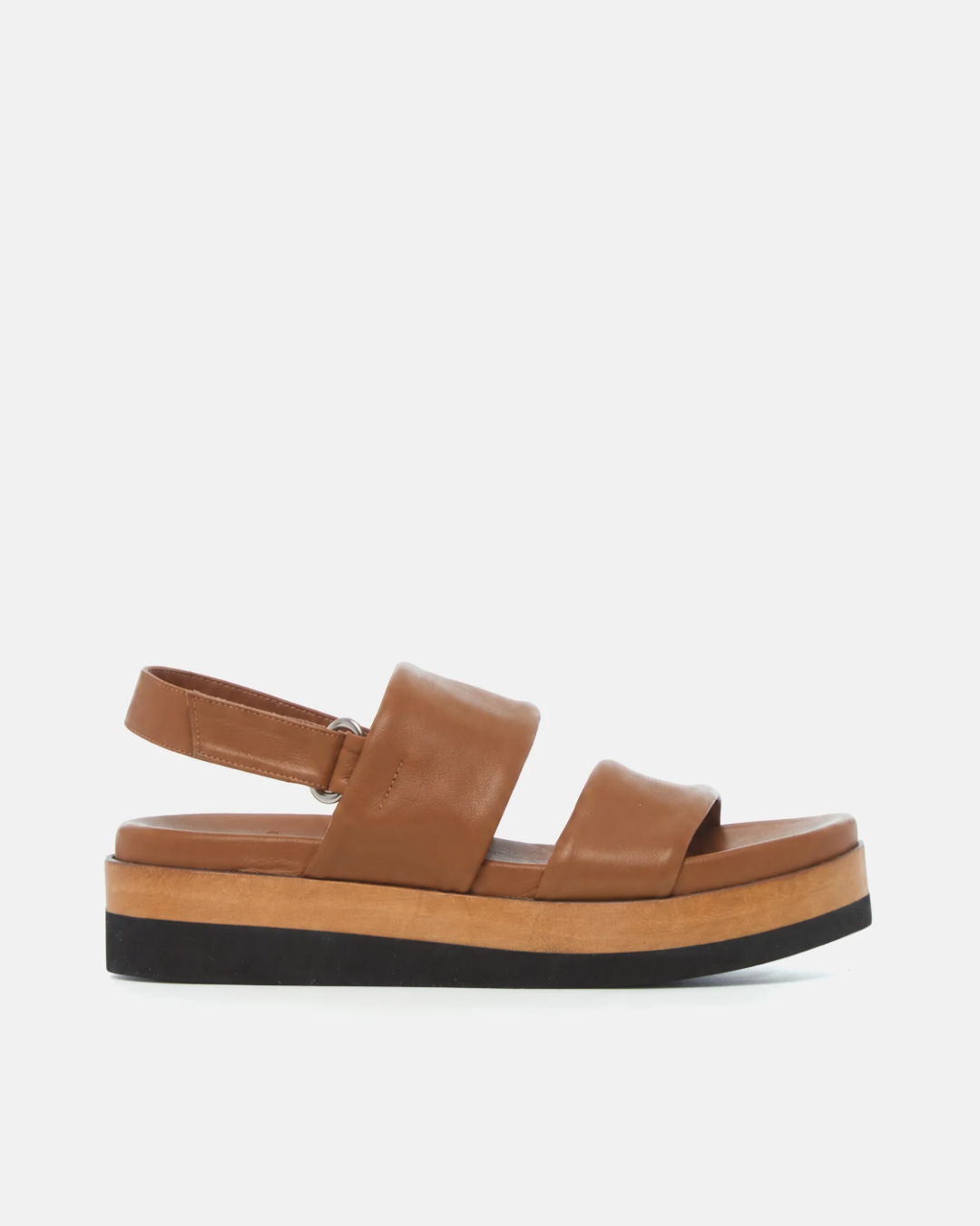 Side view of a brown leather wedge sandal with wide tubular straps, velcro slingback, and a lightweight EVA platform sole