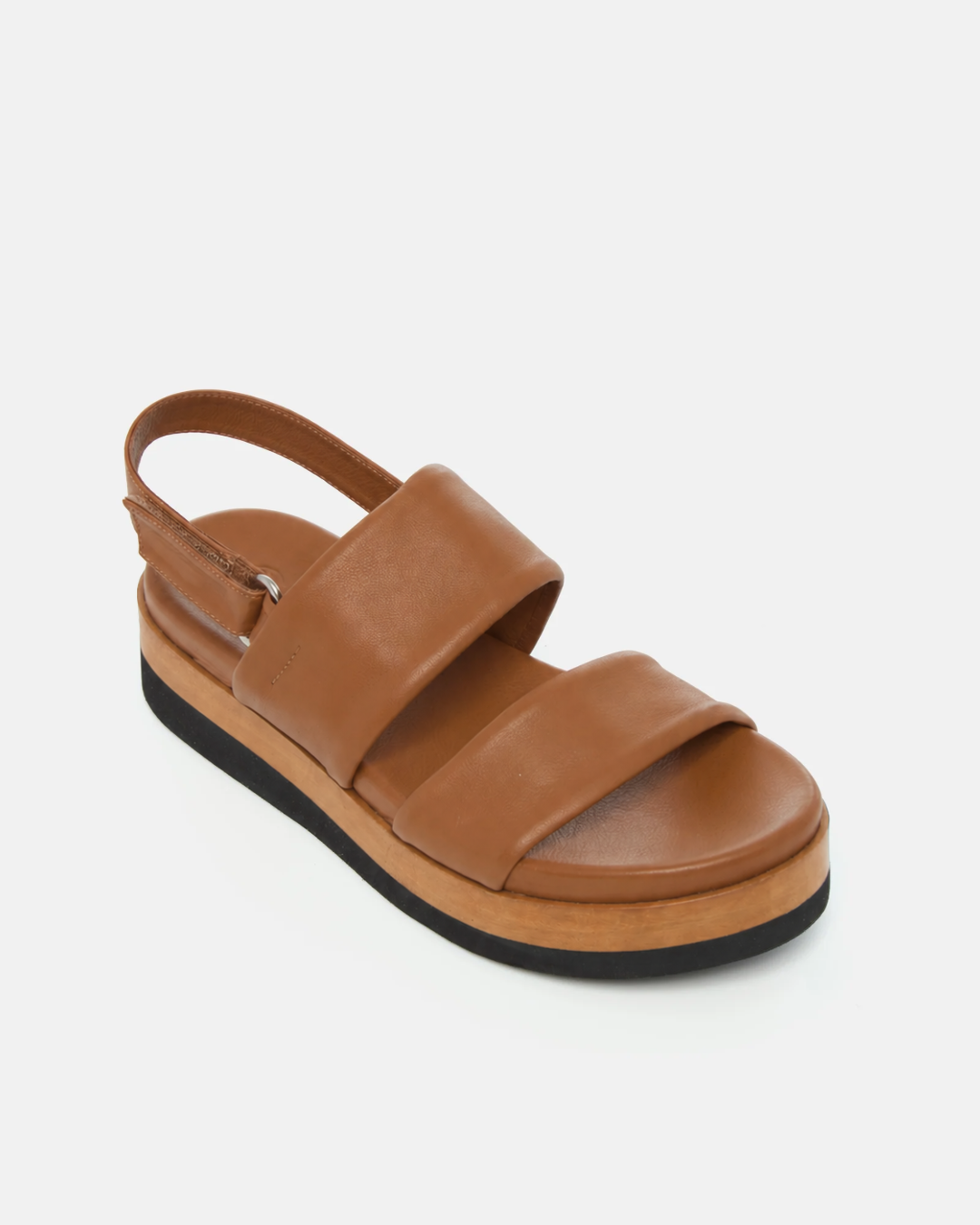 Angled view of a brown leather wedge sandal with wide tubular straps, velcro slingback, and a lightweight EVA platform sole