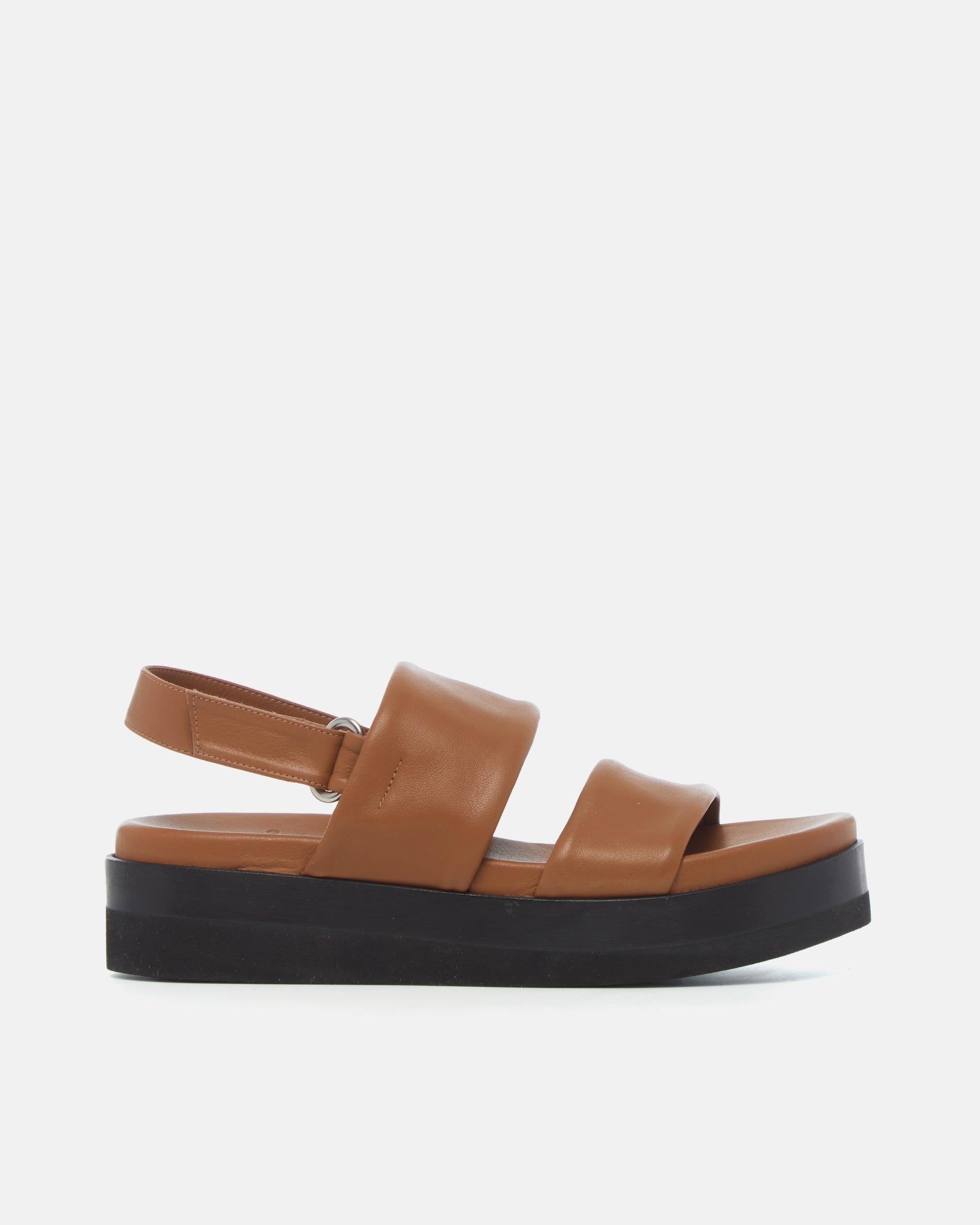Side view of a brown leather wedge sandal with wide tubular straps, velcro slingback, and a lightweight EVA platform sole