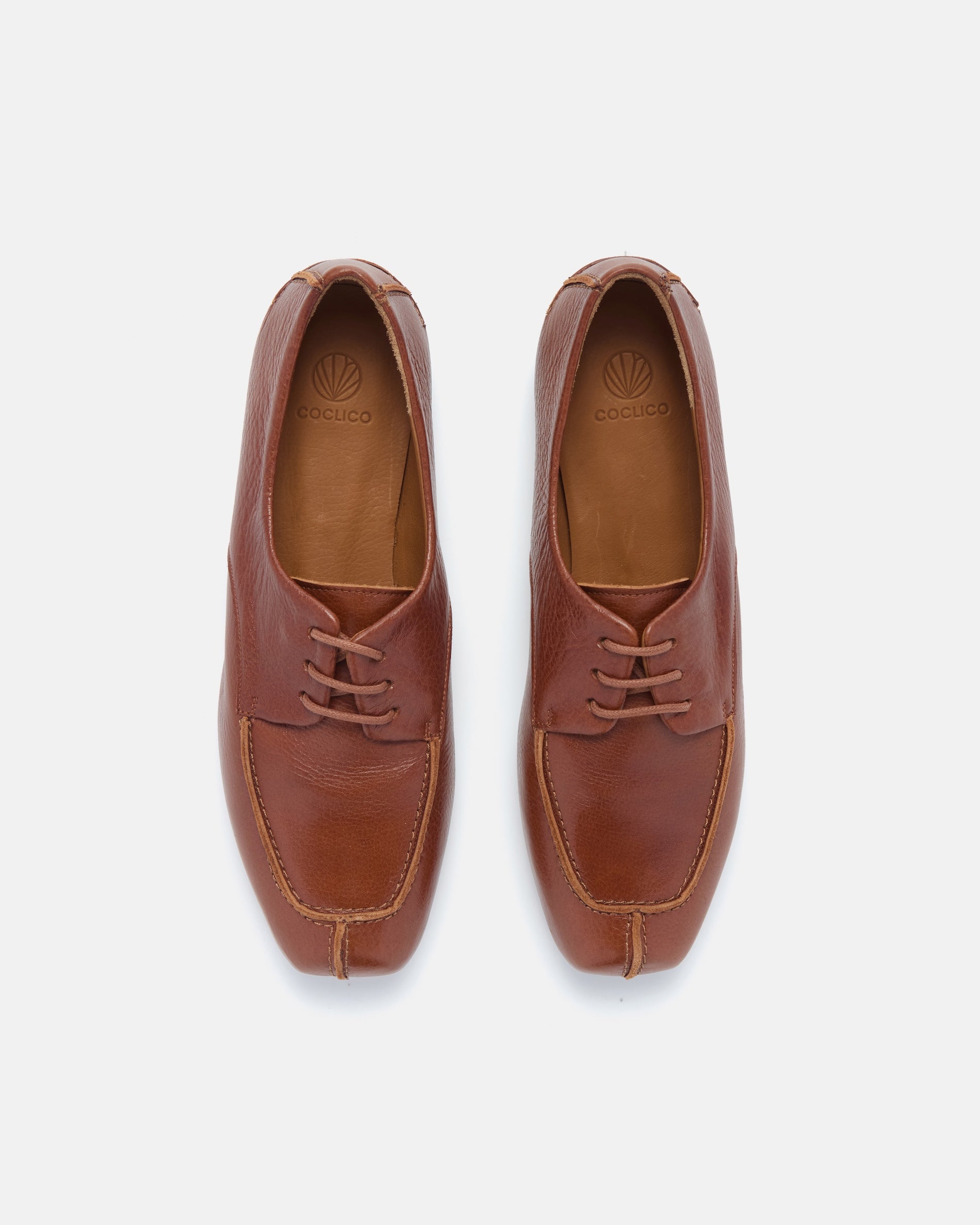 Pair of Coclico Fubee Oxfords in Cuero tan leather, top view of lace up oxfords