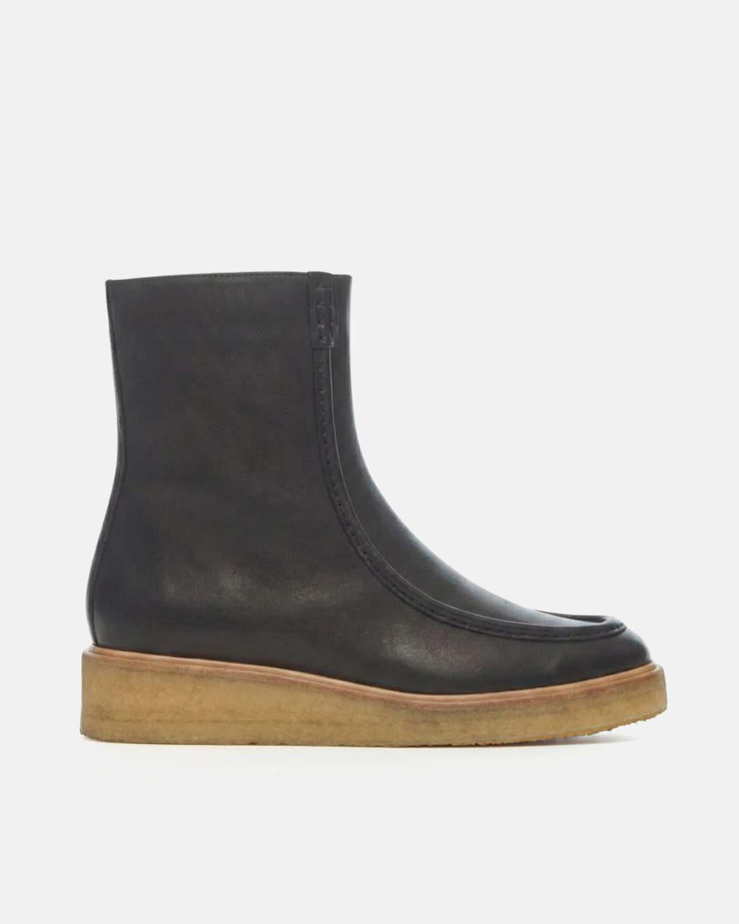 Coclico Haber Boot in black leather, a moc toe boot with front zip and natural crepe wedge sole