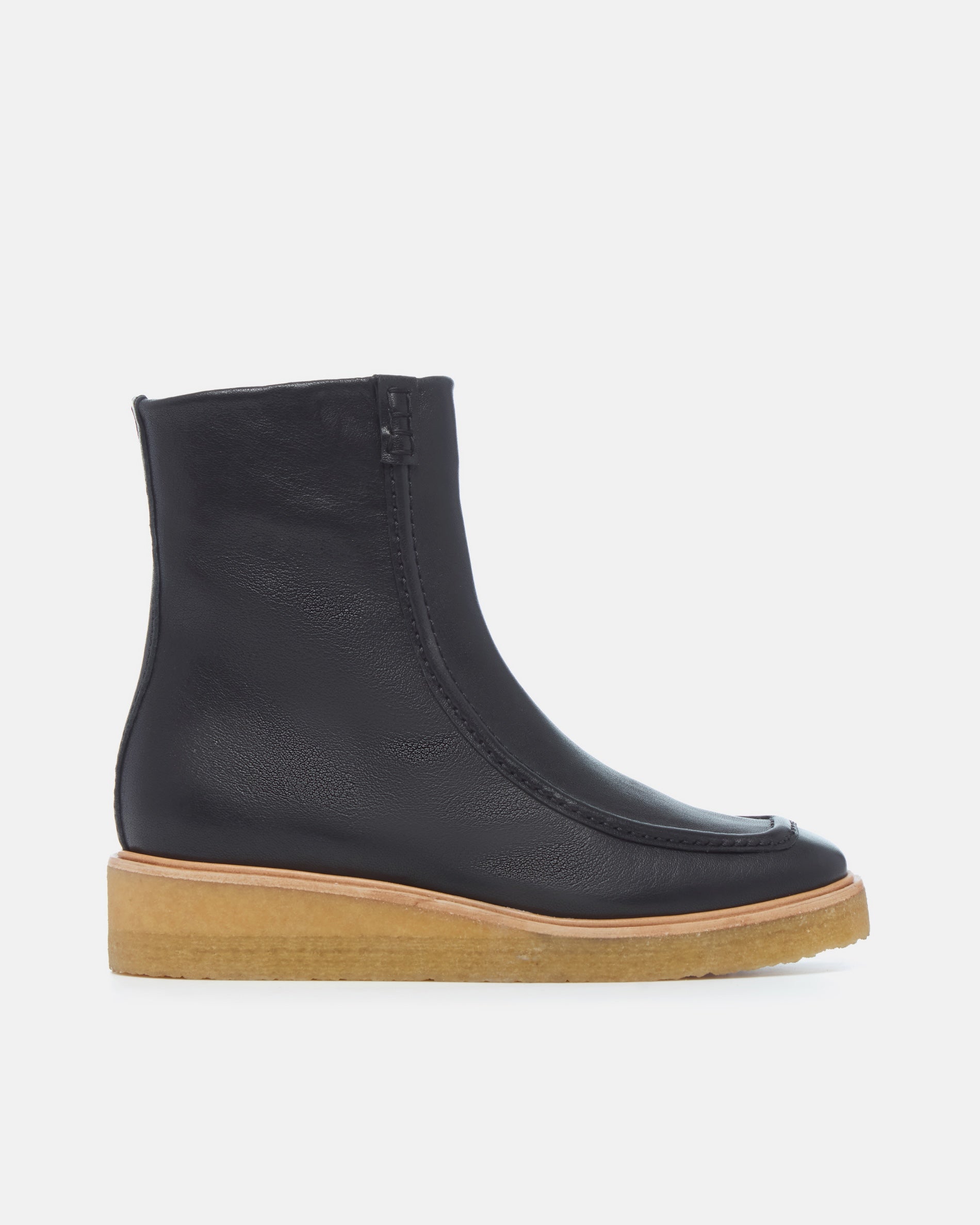 Coclico Haber Boot in black leather, side view of a moc toe boot with natural crepe wedge sole
