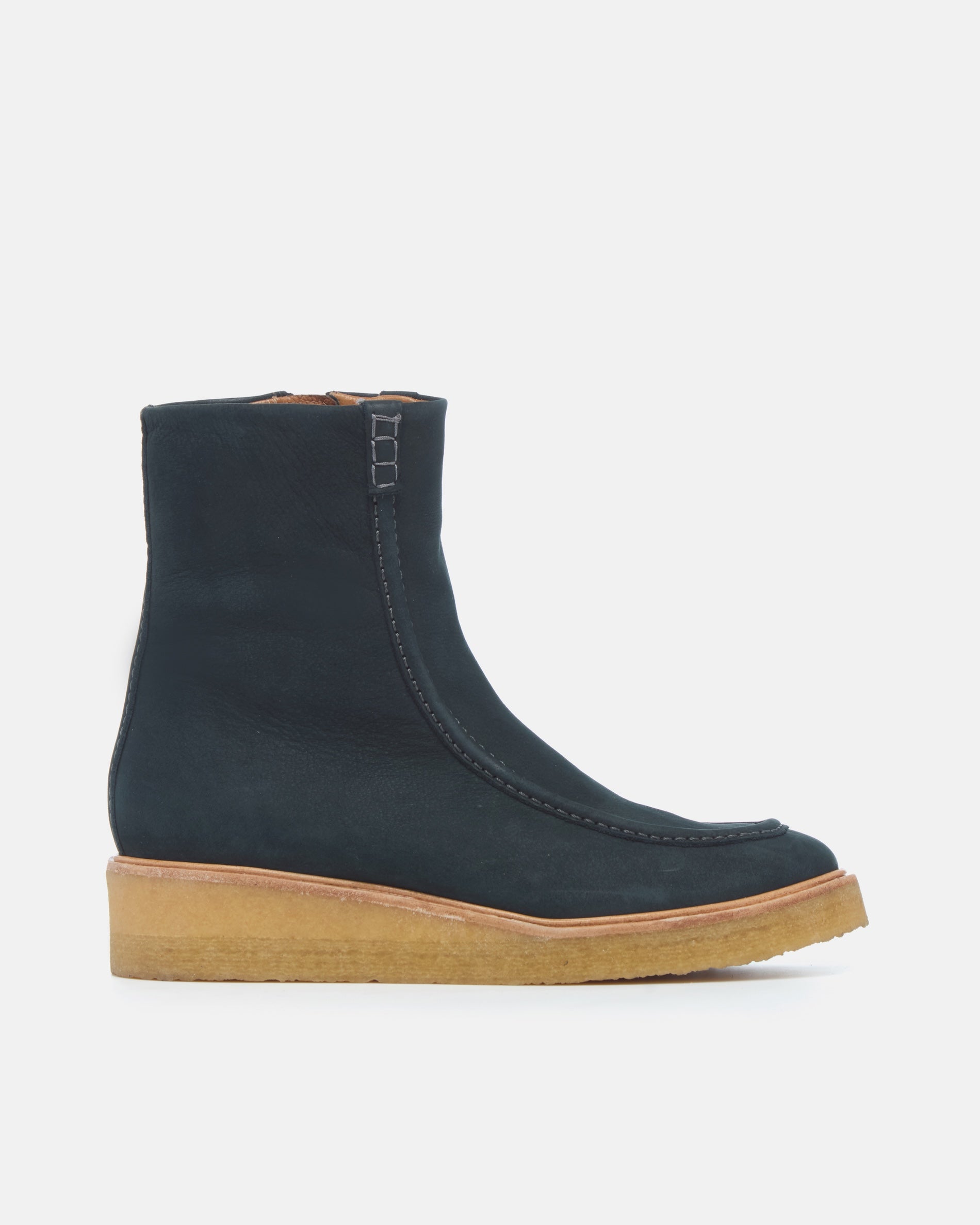 Coclico Haber Boot in Deep Sea nubuck, side view of a navy moc toe boot with natural crepe wedge sole