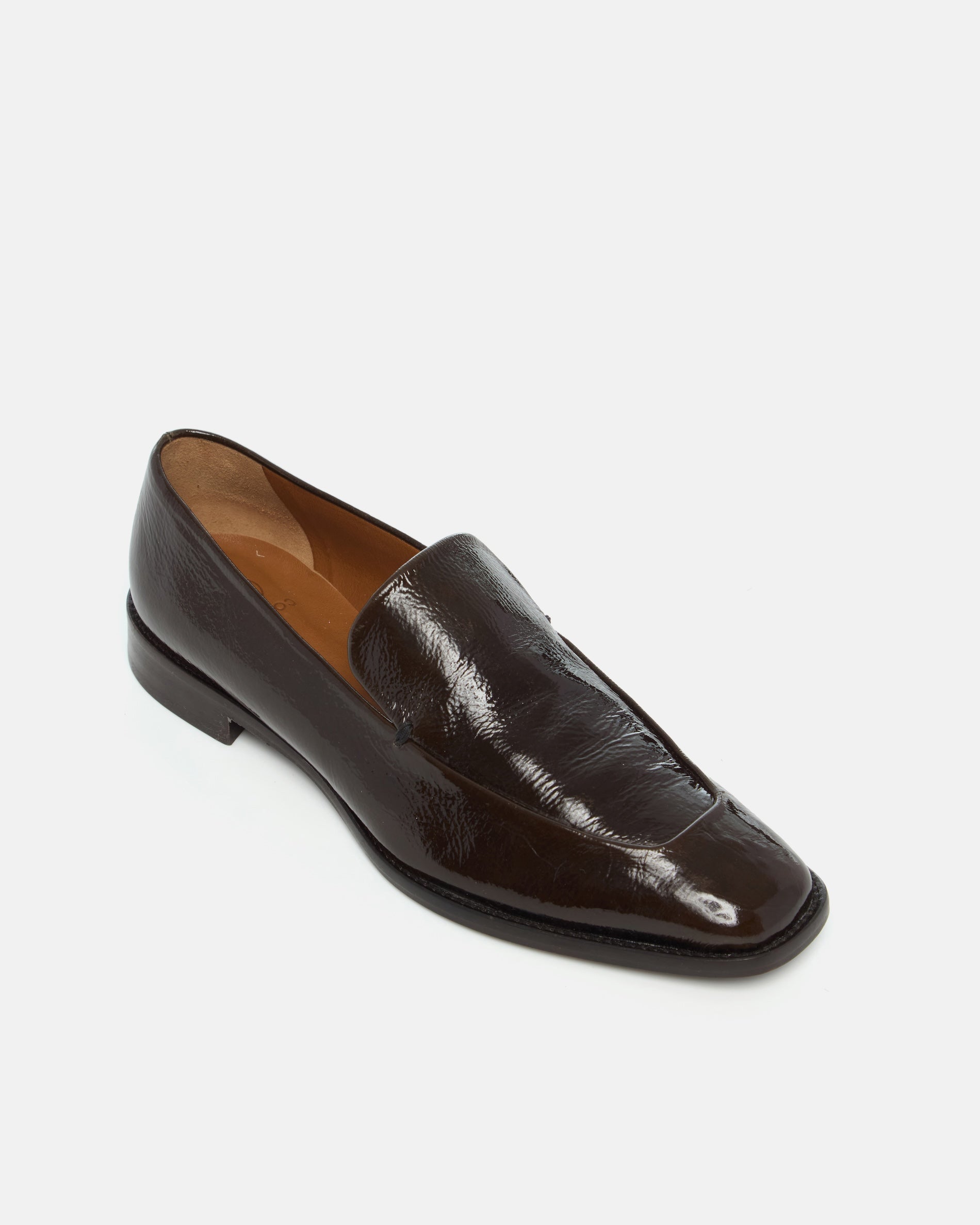 Coclico Halyn Loafer in Moule crinkled patent, angled view of the square toe