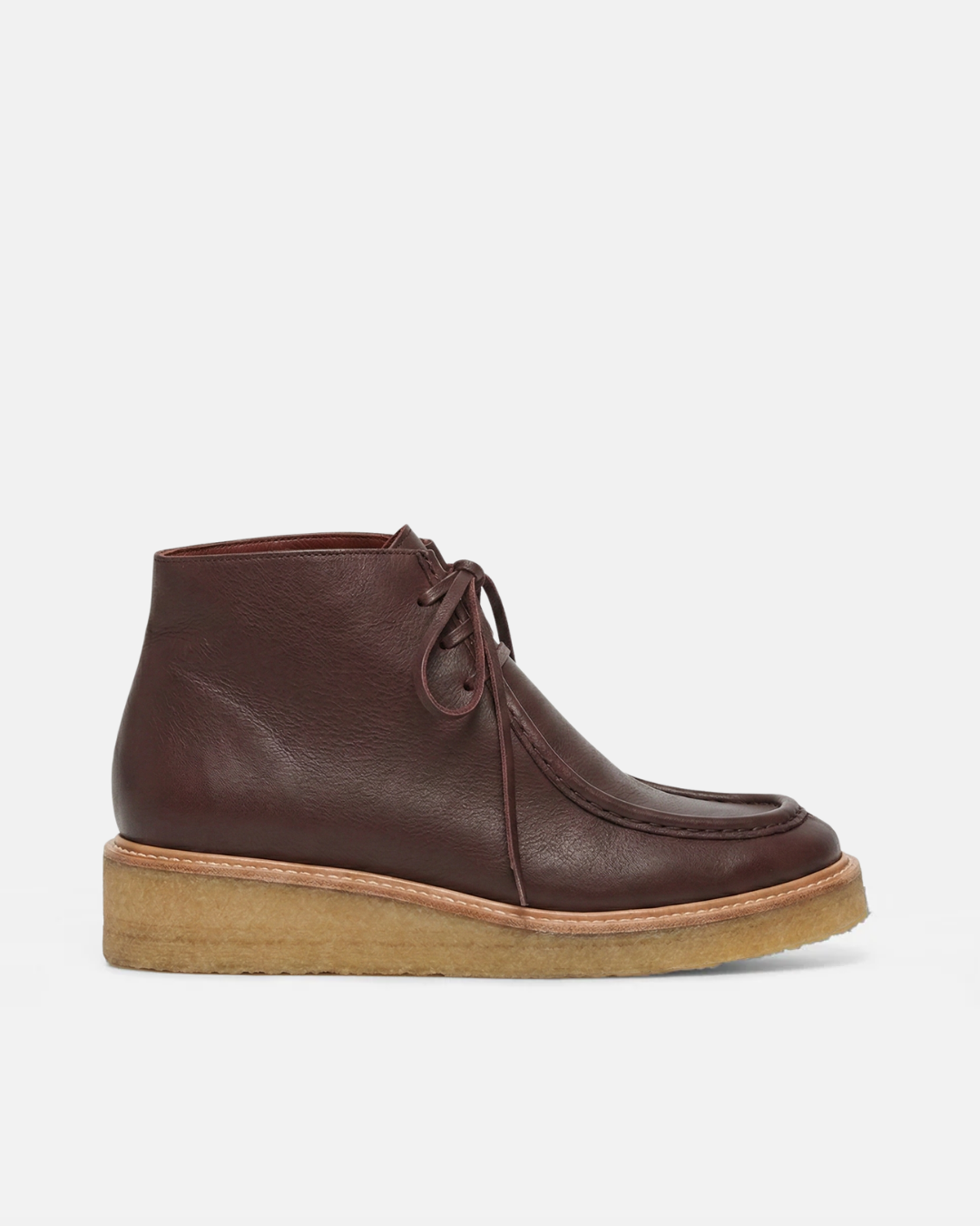 Coclico Hester Boot in Pecan, a warm reddish brown leather moc front chukka with a crepe wedge sole